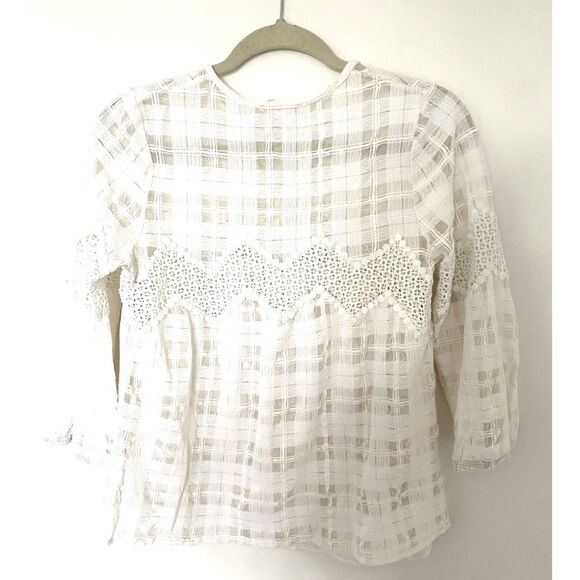 Esley Cream Cotton Lace Sheer 3/4 Sleeve Feminine Summer Pullover Top Blouse L - Picture 2 of 9